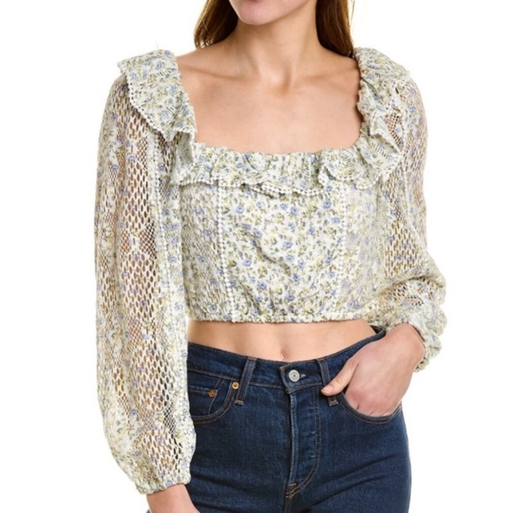 LoveShackFancy Crop Top Dorabella in White Garden Stream Green
